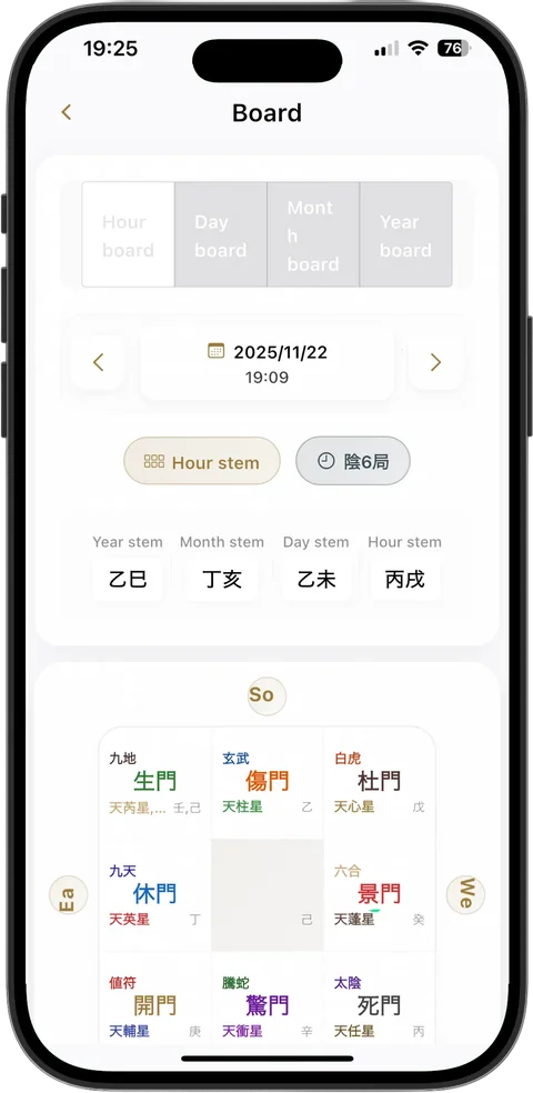 Qimen Dunjia Hourly Chart App - Eight Gates, Nine Stars, Eight Spirits Display
