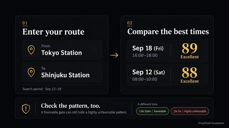 Tokyo Station to Shinjuku Station, September 12–18. September 18, 16:00–18:00 scores 89; September 12, 08:00–10:00 scores 88. A separate example shows that a favorable Life Gate can coincide with a highly unfavorable Da Ge pattern.