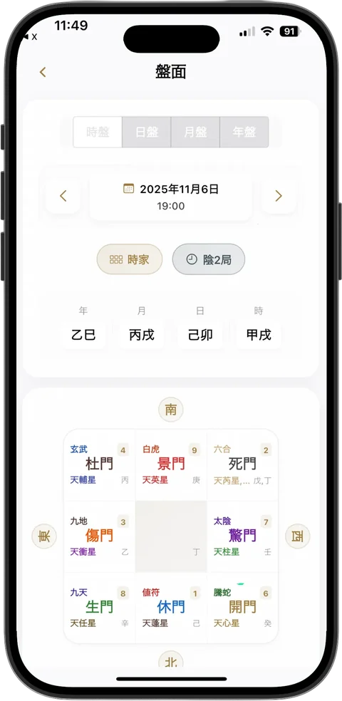 奇門遁甲Proの時盤表示例。日時、盤の種類、八方位の門・星・神を表示