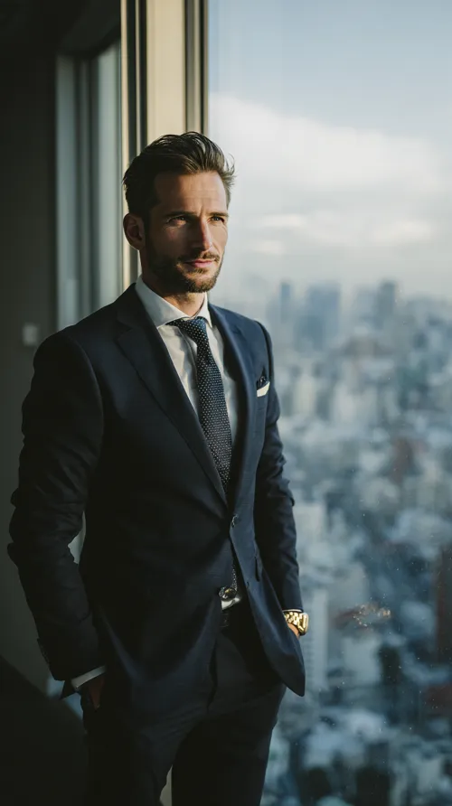 Confident businessman overlooking city skyline - strategic timing with Qimen Dunjia